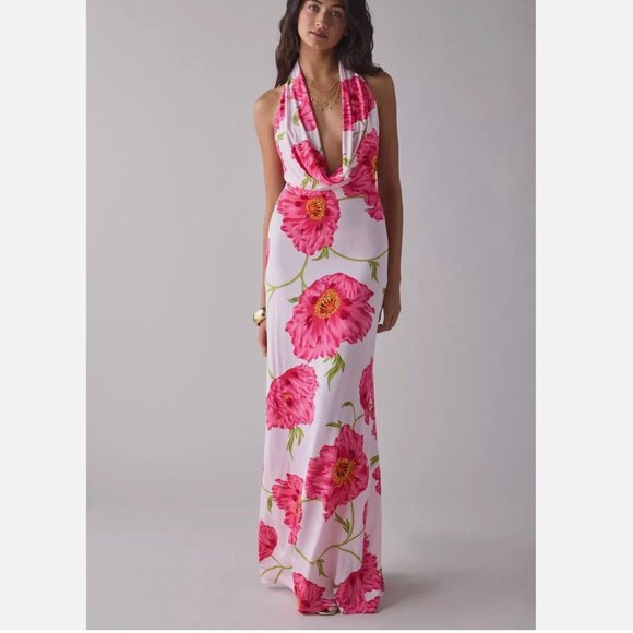 AFRM Revolve Imade Oversized Peony Plunging Cowl Halter Maxi Dress Floral XS NWT - Picture 1 of 9